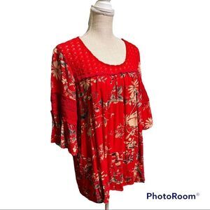 Suzanne Betro red floral butterfly sleeves crochet yoke tunic top